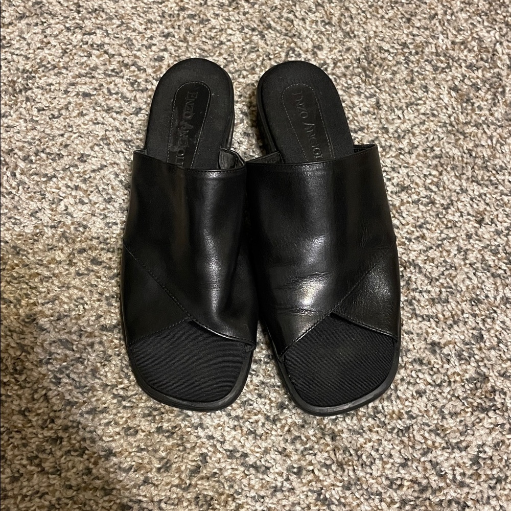 Black Leather Slide Sandals